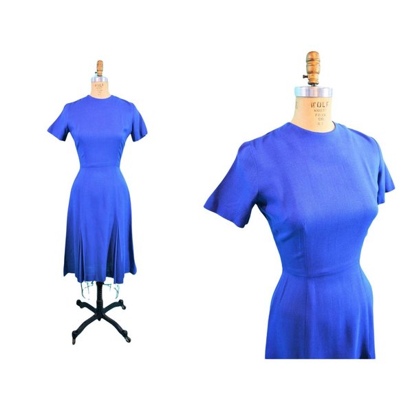 Vintage 1960s Solid Day Dress Cobalt Blue Alison Ayres | W 24" - Picture 1 of 10